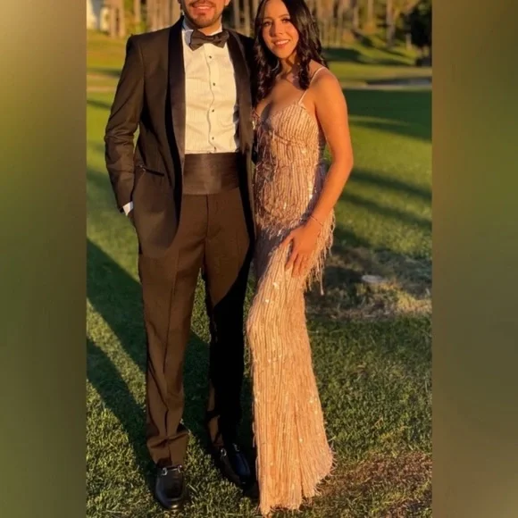 Endless Festivities Rose Gold Sequin Fringe Lace-Up Maxi Dress - Picture 8 of 15